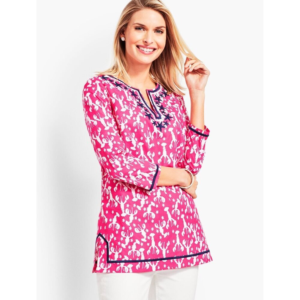 Talbots Lobster Rockstar‎ Tunic Top Size Small Embroidered Pink Coastal Preppy